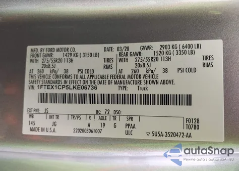 2020 Ford F-150 Xl z USA, uszkodzony, nr VIN 1FTEX1CP5LKE06736